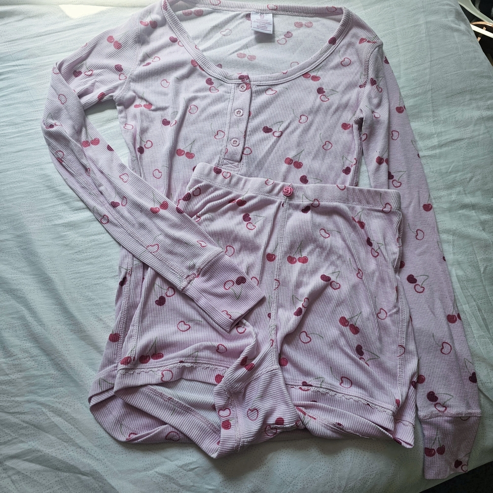NOBO Pink and Red Girly Cherry Women's Pajama 2pc. Set Shorts and Long Sleeve